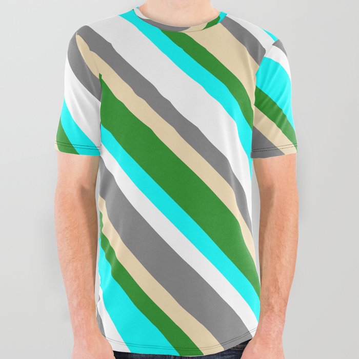 Colorful Grey, Tan, Forest Green, Aqua & White Colored Pattern of Stripes All Over Graphic Tee
