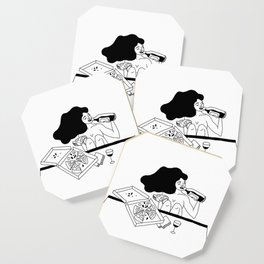 girl drinking wine eating pizza Coaster