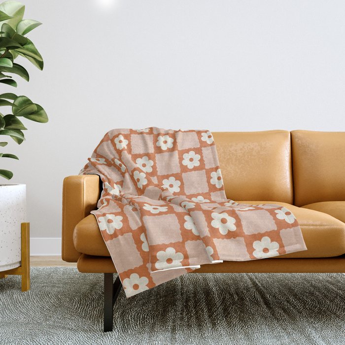 Flower Checker in Burnt Orange  Throw Blanket