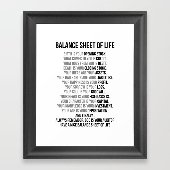 Balance Sheet Of Life, Office Decor, Office Wall Art, Office Art, Office Gifts Framed Art Print