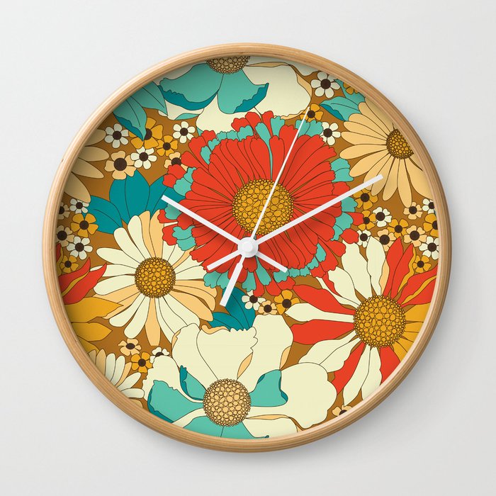 Red, Orange, Turquoise & Brown Retro Floral Pattern Wall Clock