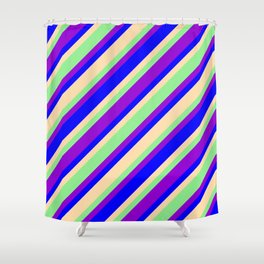 [ Thumbnail: Light Green, Dark Violet, Blue & Tan Colored Lines Pattern Shower Curtain ]