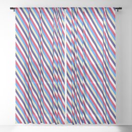 [ Thumbnail: Eye-catching Crimson, Blue, Pale Goldenrod, Midnight Blue & White Colored Striped Pattern Sheer Curtain ]