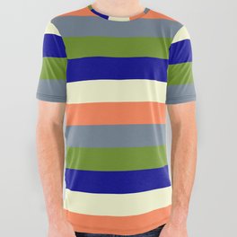 [ Thumbnail: Eye-catching Coral, Slate Gray, Green, Dark Blue & Light Yellow Colored Striped Pattern All Over Graphic Tee ]