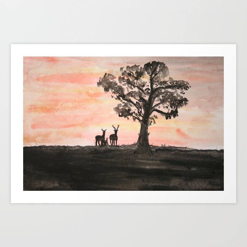 Deer Silhouette Red Sunset Watercolor Art Print By Emilyhunterhigging Society6