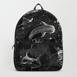 Cosmic Ocean (Black Version) Backpack | Animal, Sealife, Black, Shark, Stingray, Surrealist, Orca, Cosmos, Fish, Drawing 
