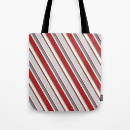 [ Thumbnail: Red, Light Slate Gray, Light Grey & Beige Colored Pattern of Stripes Tote Bag ]