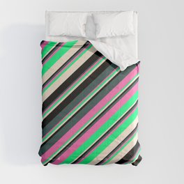 [ Thumbnail: Eyecatching Dark Slate Gray, Hot Pink, Green, Beige, and Black Colored Lines Pattern Comforter ]