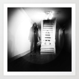 Ghost Girl with her Stuffed Animal in Black and White - Holga photograph Art Print