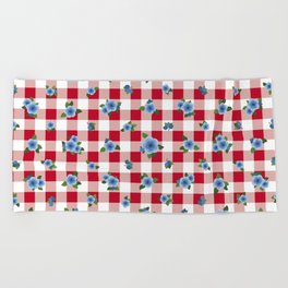 Blue Roses All Over - red check Beach Towel