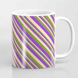 [ Thumbnail: Purple, Tan, and Green Colored Lines Pattern Coffee Mug ]