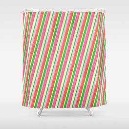 [ Thumbnail: Eyecatching Hot Pink, Red, Beige, Lime Green, and Light Grey Colored Lines/Stripes Pattern Shower Curtain ]