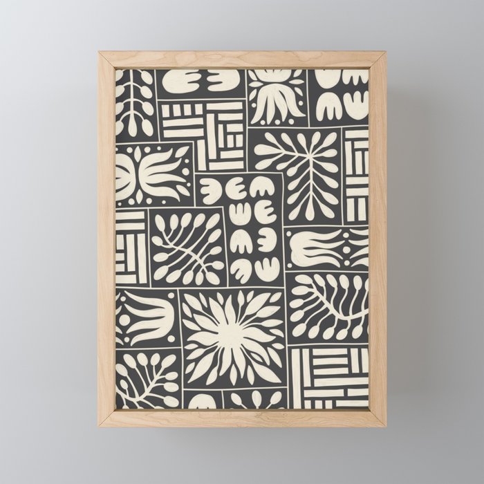 Stylized Floral Patchwork in Off White and Spade Black | Hand Drawn Pattern Framed Mini Art Print