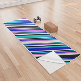 [ Thumbnail: Eye-catching Dark Turquoise, Blue, Orchid, Beige, and Black Colored Stripes Pattern Yoga Towel ]