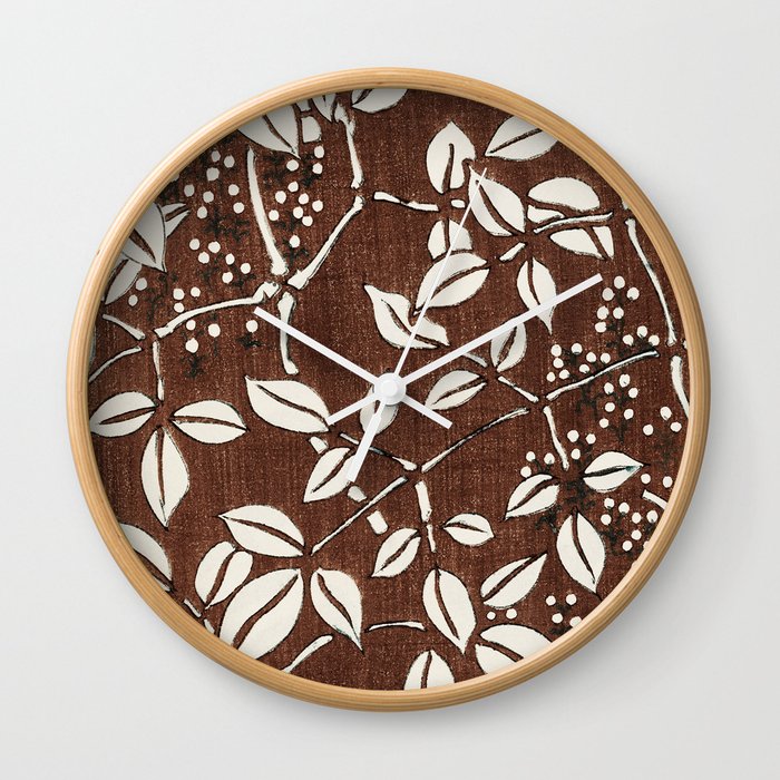 Vintage Japanese Painting of Brown And White Leaf Pattern Wall Clock