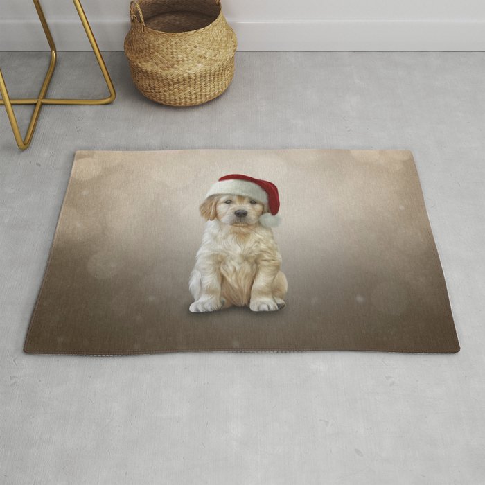 Drawing puppy Golden Retriever in red hat of Santa Claus Rug