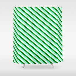 [ Thumbnail: Aquamarine, Mint Cream & Green Colored Stripes/Lines Pattern Shower Curtain ]
