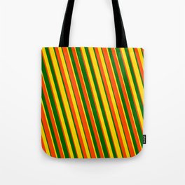 [ Thumbnail: Dark Green, Yellow, and Red Colored Stripes Pattern Tote Bag ]