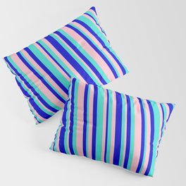 [ Thumbnail: Turquoise, Blue, and Pink Colored Lined/Striped Pattern Pillow Sham ]