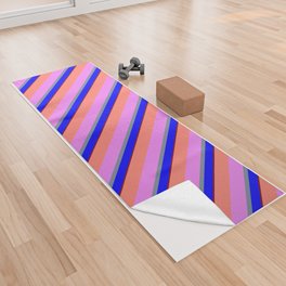 [ Thumbnail: Colorful Blue, Light Slate Gray, Violet, Salmon, and Maroon Colored Lines Pattern Yoga Towel ]