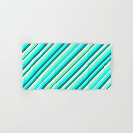 [ Thumbnail: Aquamarine, Cyan, Dark Cyan, and Beige Colored Lined/Striped Pattern Hand & Bath Towel ]