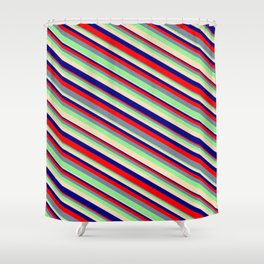 [ Thumbnail: Tan, Blue, Red, Light Slate Gray, and Light Green Colored Stripes/Lines Pattern Shower Curtain ]