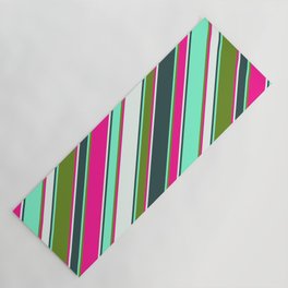 [ Thumbnail: Vibrant Deep Pink, Mint Cream, Dark Slate Gray, Aquamarine, and Green Colored Lines/Stripes Pattern Yoga Mat ]