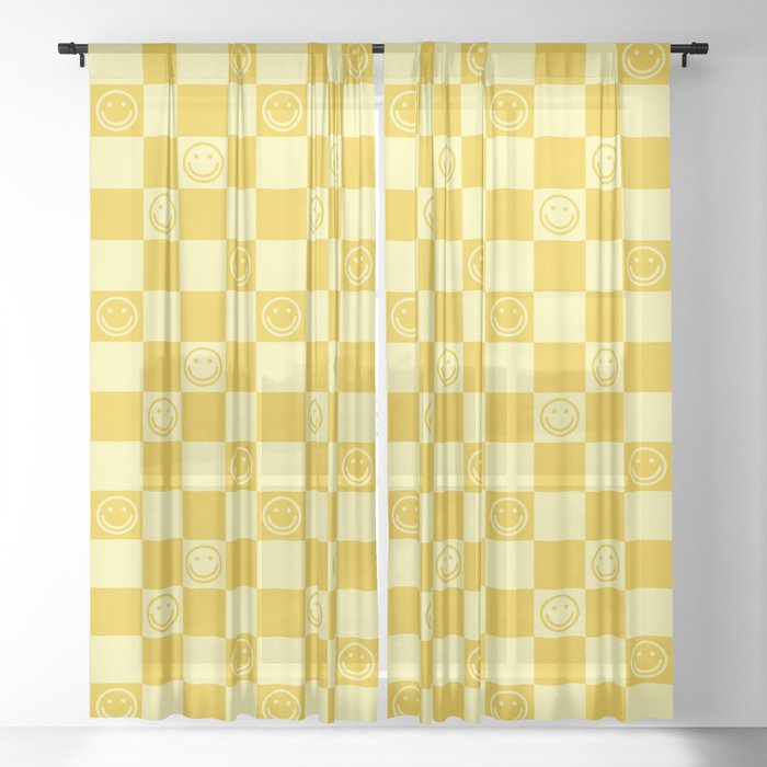 Cute Smiley Faces on Checkerboard \\ Sunshine Color Palette Sheer Curtain