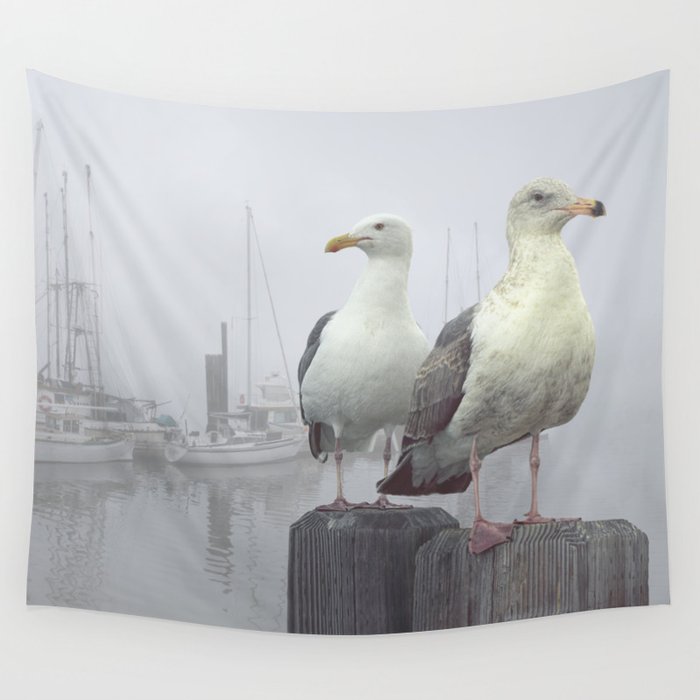 Two Sea Gulls in a Misty Harbor with Sailboats and Fishing Boats on Vancouver Island Wall Tapestry