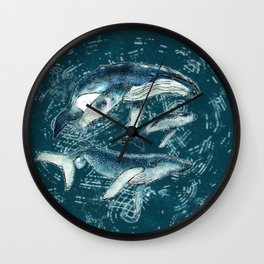Humpback whale family on teal ocean_digital watercolor Wall Clock