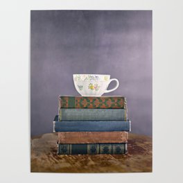 Teacup on a Stack of Vintage Books Poster