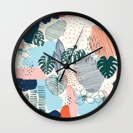 Issa Tropical Wall Clock | Pattern, Digital, Painting, Dots, Abstract, Monstera, Rose, Pop Art, Summer, Leaves 