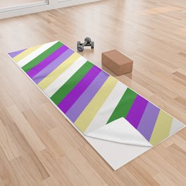 [ Thumbnail: Colorful Tan, Purple, Dark Violet, Forest Green, and White Colored Stripes/Lines Pattern Yoga Towel ]