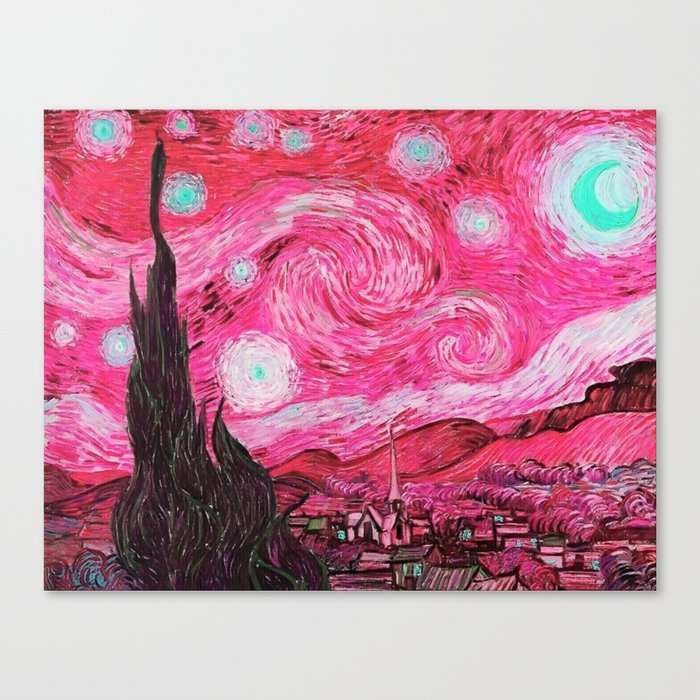 The Starry Night - La Nuit étoilée oil-on-canvas post-impressionist landscape masterpiece painting in alternate fuchsia pink and baby blue by Vincent van Gogh Canvas Print