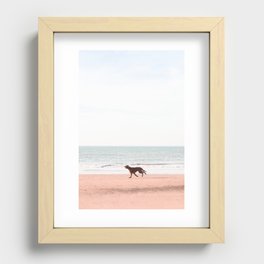 Travel photography print "Happy dog on the beach". Made in The Netherlands. Pastel tones, portrait mode. Recessed Framed Print