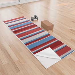 [ Thumbnail: Blue, Light Gray, Red, and Maroon Colored Pattern of Stripes Yoga Towel ]