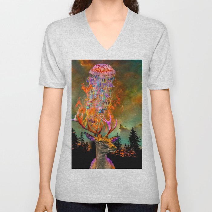 Fire Deer and the Jellyfish V Neck T Shirt
