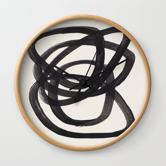 Mid Century Modern Minimalist Abstract Art Brush Strokes Black & White Ink Art Spiral Circles Wall Clock