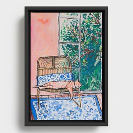 Napping Ginger Cat in Pink Jungle Garden Room Framed Canvas