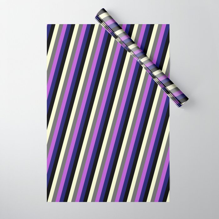 Eye-catching Light Yellow, Dim Gray, Orchid, Midnight Blue, and Black Colored Striped/Lined Pattern Wrapping Paper