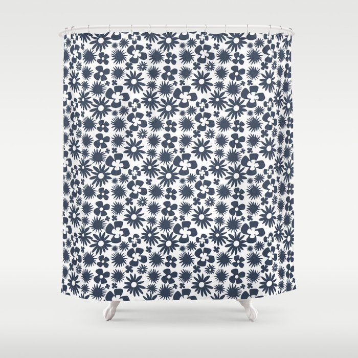 Modern Abstract Navy And White Wild Flowers Shower Curtain