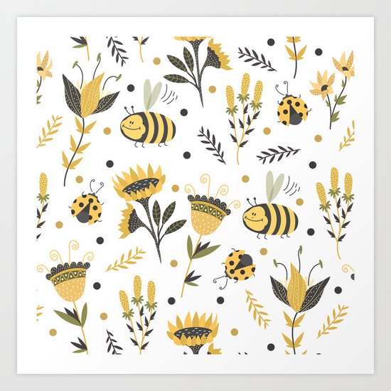 Bees and ladybugs. Gold and black Art Print