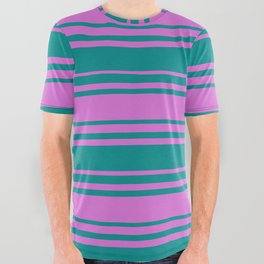 [ Thumbnail: Orchid and Dark Cyan Colored Stripes/Lines Pattern All Over Graphic Tee ]