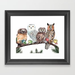 Tea owls , funny owl tea time painting by Holly Simental Framed Art Print