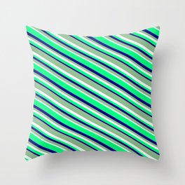 [ Thumbnail: Dark Sea Green, Mint Cream, Green, and Blue Colored Striped Pattern Throw Pillow ]