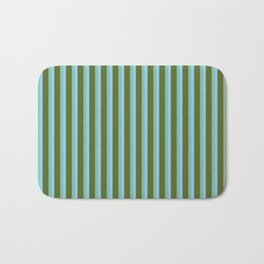 [ Thumbnail: Light Sky Blue, Dark Sea Green, and Dark Olive Green Colored Striped Pattern Bath Mat ]