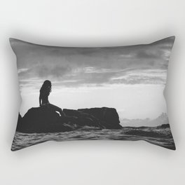 Down at sunset beach; female seaside staring longingly out to sea black and white photograph - photography - photographs Rectangular Pillow