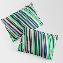 [ Thumbnail: Eyecatching Green, Bisque, Midnight Blue, Dark Grey, and Black Colored Lines/Stripes Pattern Pillow Sham ]