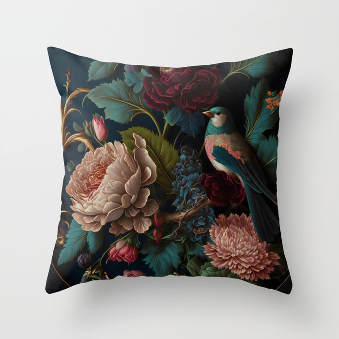 Vintage Bird and Dark Floral Print Throw Pillow