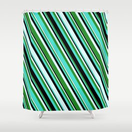 [ Thumbnail: Turquoise, Black, Light Cyan, and Forest Green Colored Stripes Pattern Shower Curtain ]